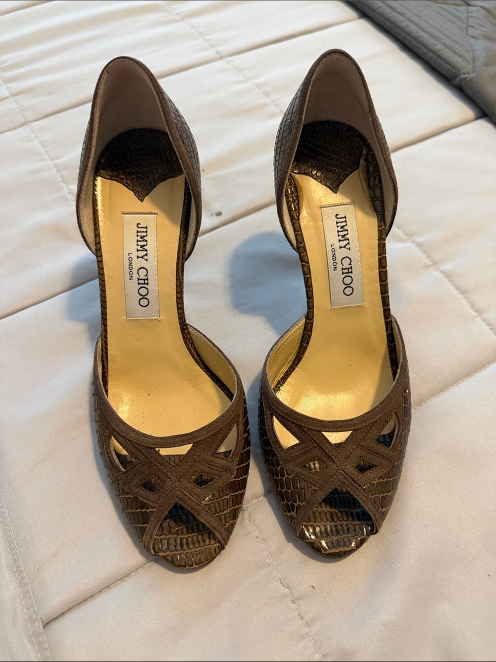 Jimmy Choo Brown Croc-Embossed D'Orsay Open-Toe Heels